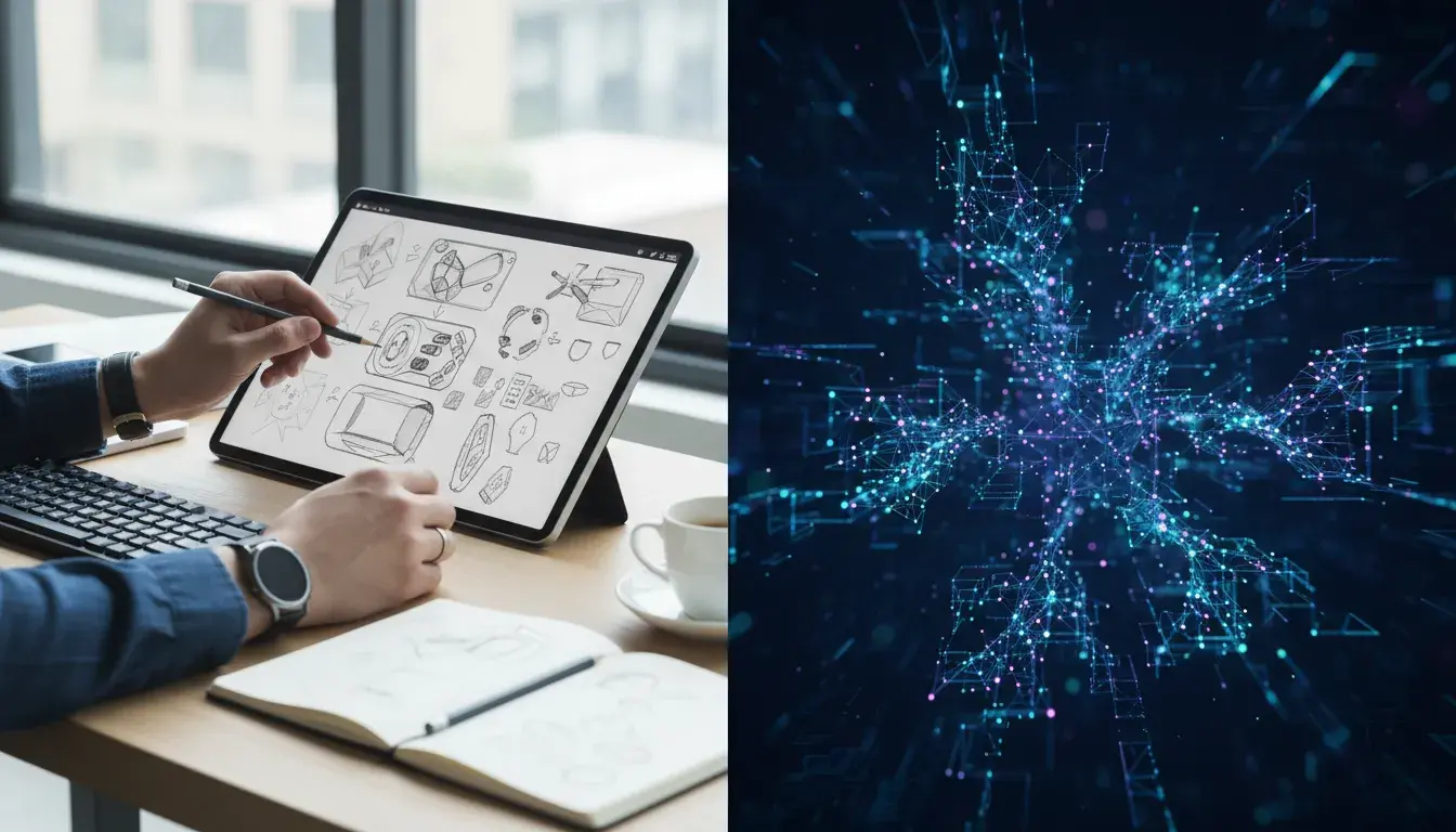 Professional graphic designer working alongside AI design tools on computer screen showing creative collaboration between human expertise and artificial intelligence
