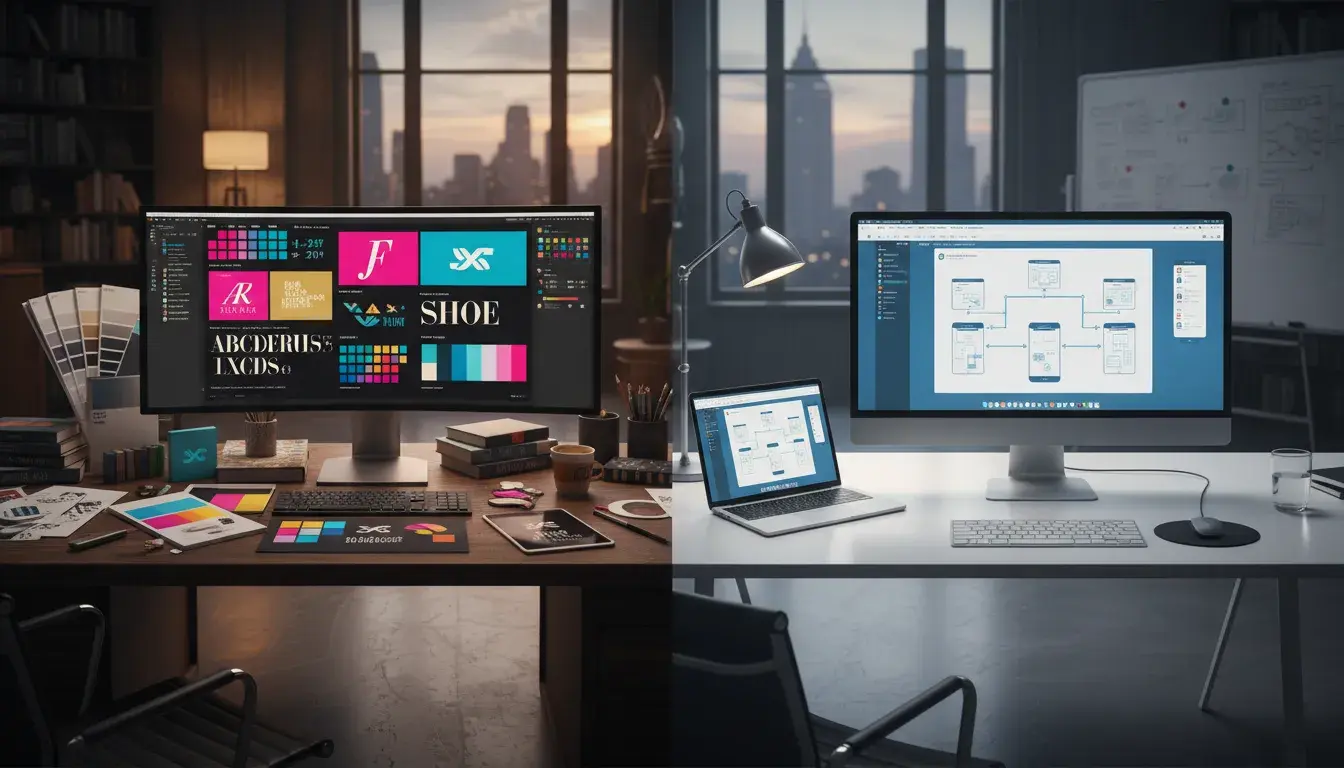 Side-by-side comparison of graphic design and UX design workspaces showing design tools and processes