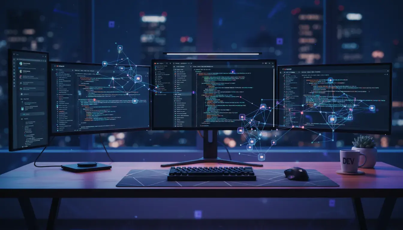 Developer working on Meta Ads API integration with code editor and Facebook advertising dashboard
