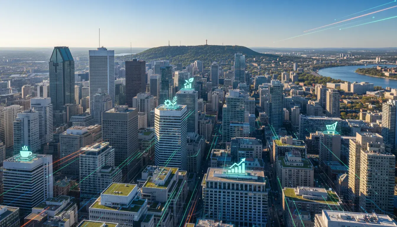 Carte de Montréal avec marqueurs de localisation d'entreprises illustrant la stratégie de référencement local