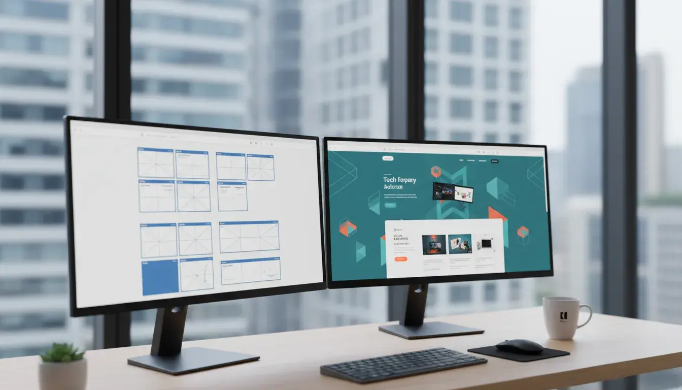 Professional web designer comparing website revamp and redesign options on dual monitors showing before and after website layouts