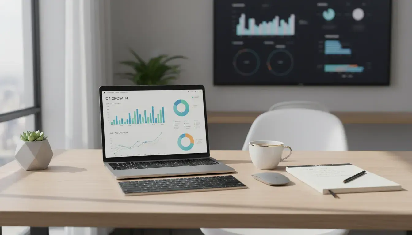 Marketer reading top SaaS marketing blogs on laptop with growth charts and marketing strategy notes