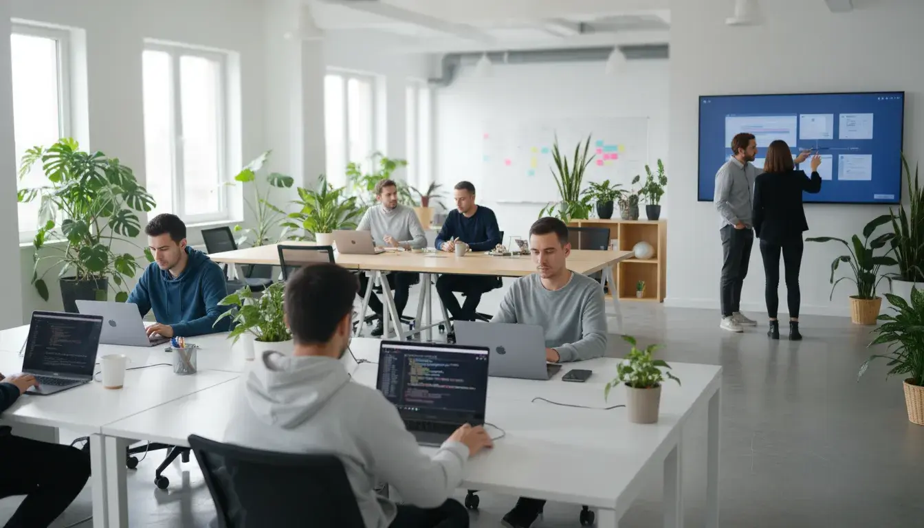 Startup team collaborating on MVP development strategy with wireframes and planning documents